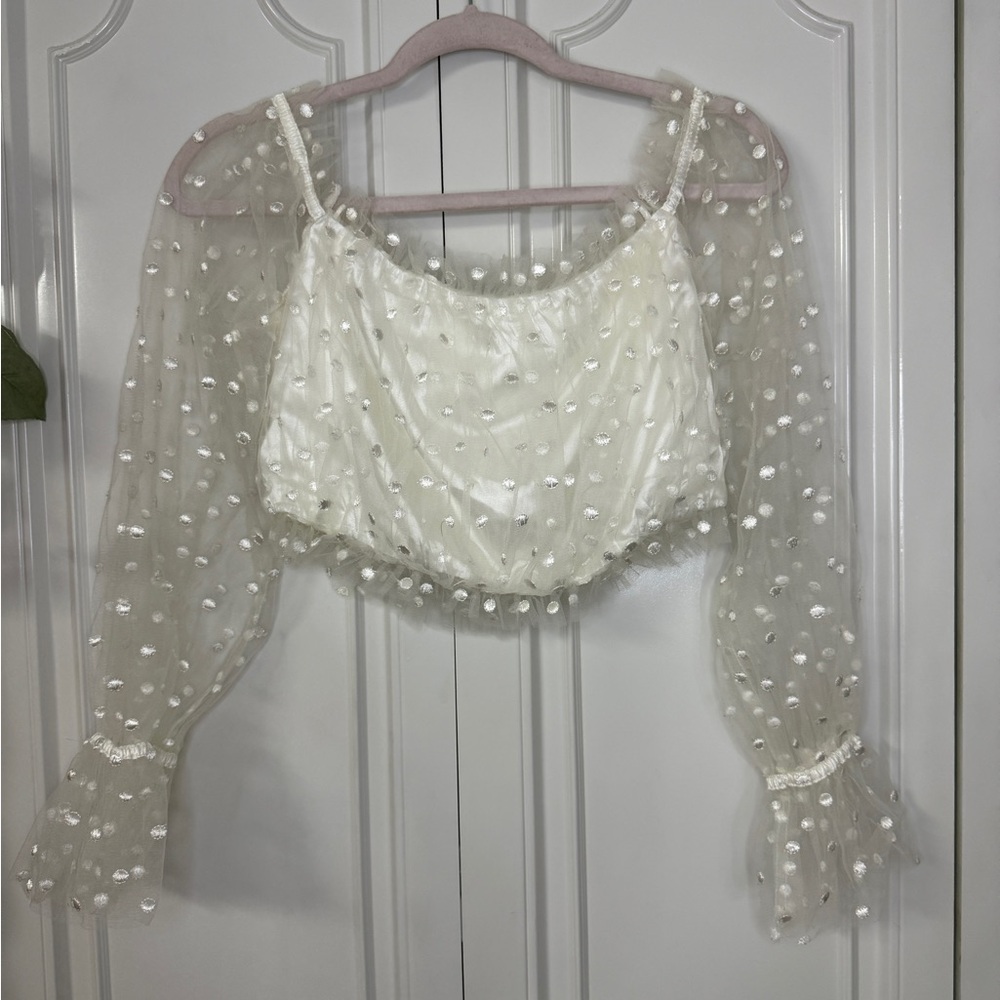 Lush Ivory Polka-Dot Sheer Sleeve Crop Top